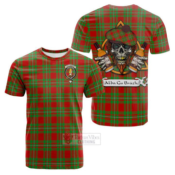 Callander Tartan Cotton T-shirt with Family Crest and Bearded Skull Holding Bottles of Whiskey