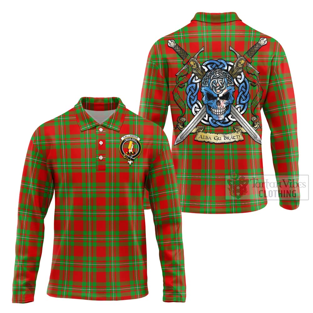 Tartan Vibes Clothing Callander Tartan Long Sleeve Polo Shirt with Family Crest Celtic Skull Style