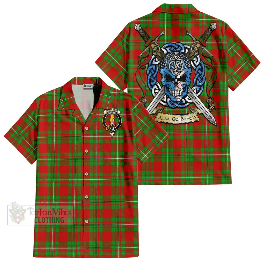 Tartan Vibes Clothing Callander Tartan Short Sleeve Button Shirt with Family Crest Celtic Skull Style