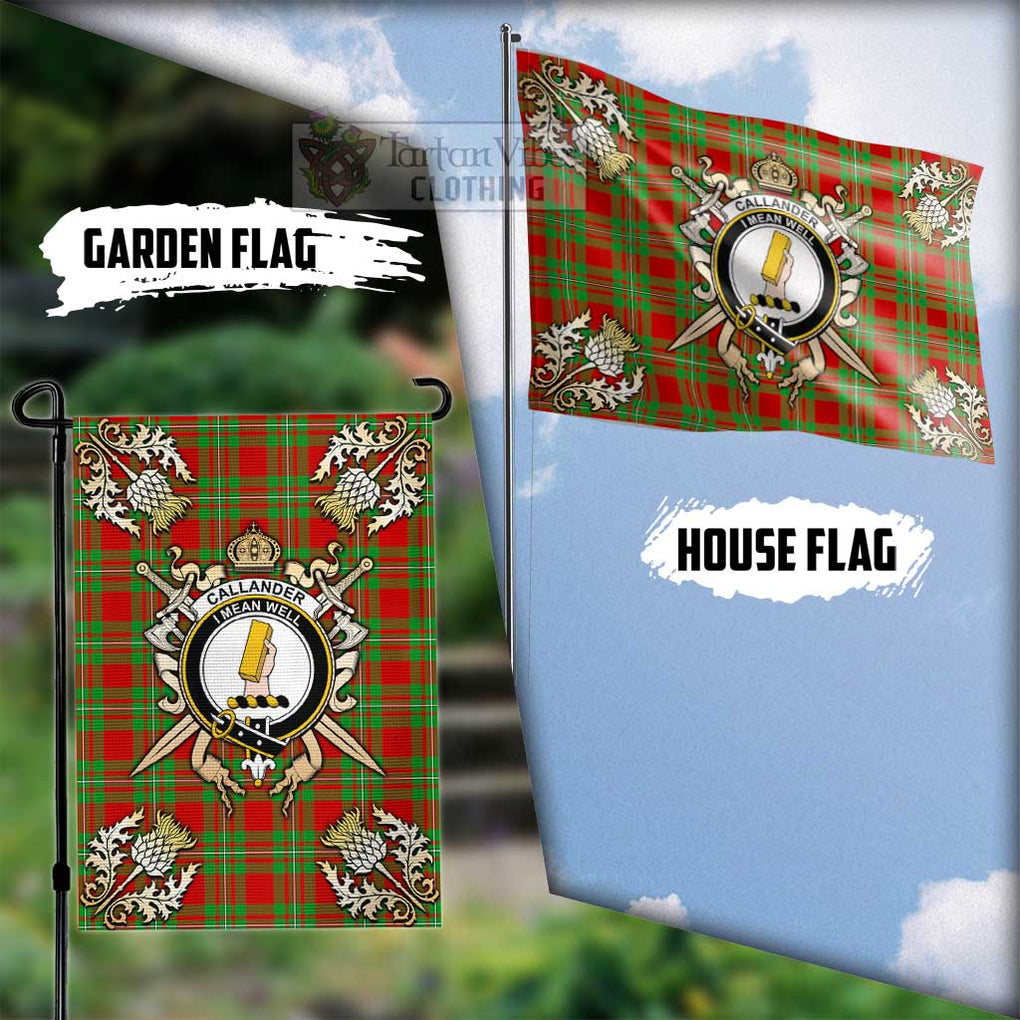 Tartan Vibes Clothing Callander Tartan Flag with Family Crest and Golden Thistle Crossed Sword Design