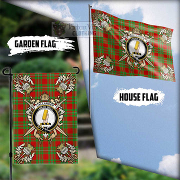 Callander Tartan Flag with Family Crest and Golden Thistle Crossed Sword Design