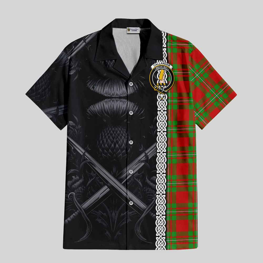 Tartan Vibes Clothing Callander Tartan Short Sleeve Button Shirt with Family Crest Cross Sword Thistle Celtic Vibes