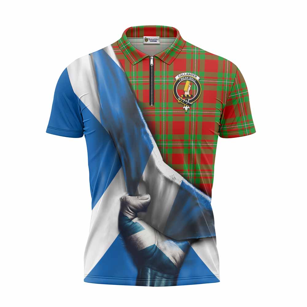 Tartan Vibes Clothing Callander Tartan Zipper Polo Shirt with Family Crest Scotland Patriotic Style