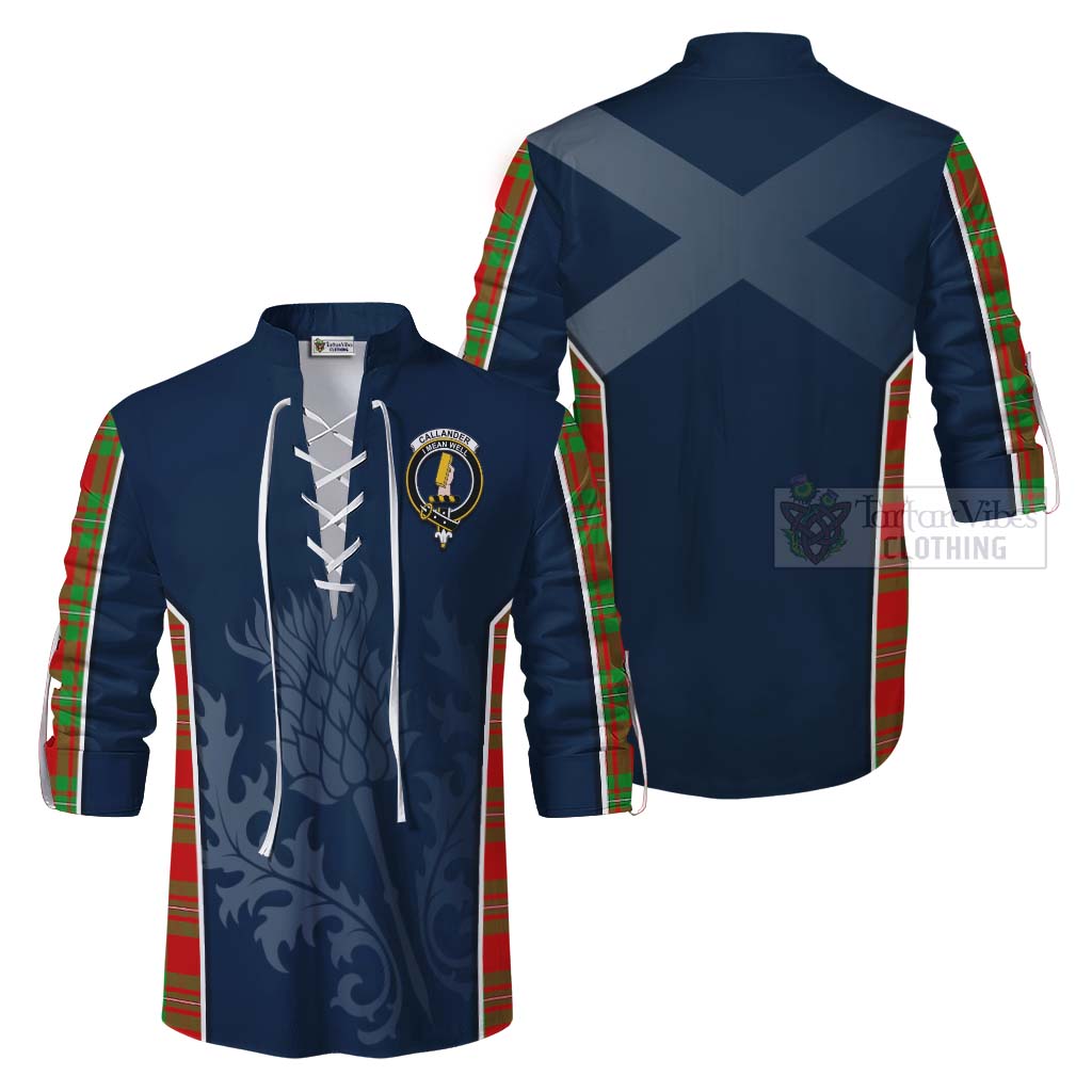 Tartan Vibes Clothing Callander Tartan Ghillie Kilt Shirt with Family Crest and Scottish Thistle Vibes Sport Style