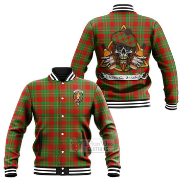 Callander Tartan Baseball Jacket with Family Crest and Bearded Skull Holding Bottles of Whiskey