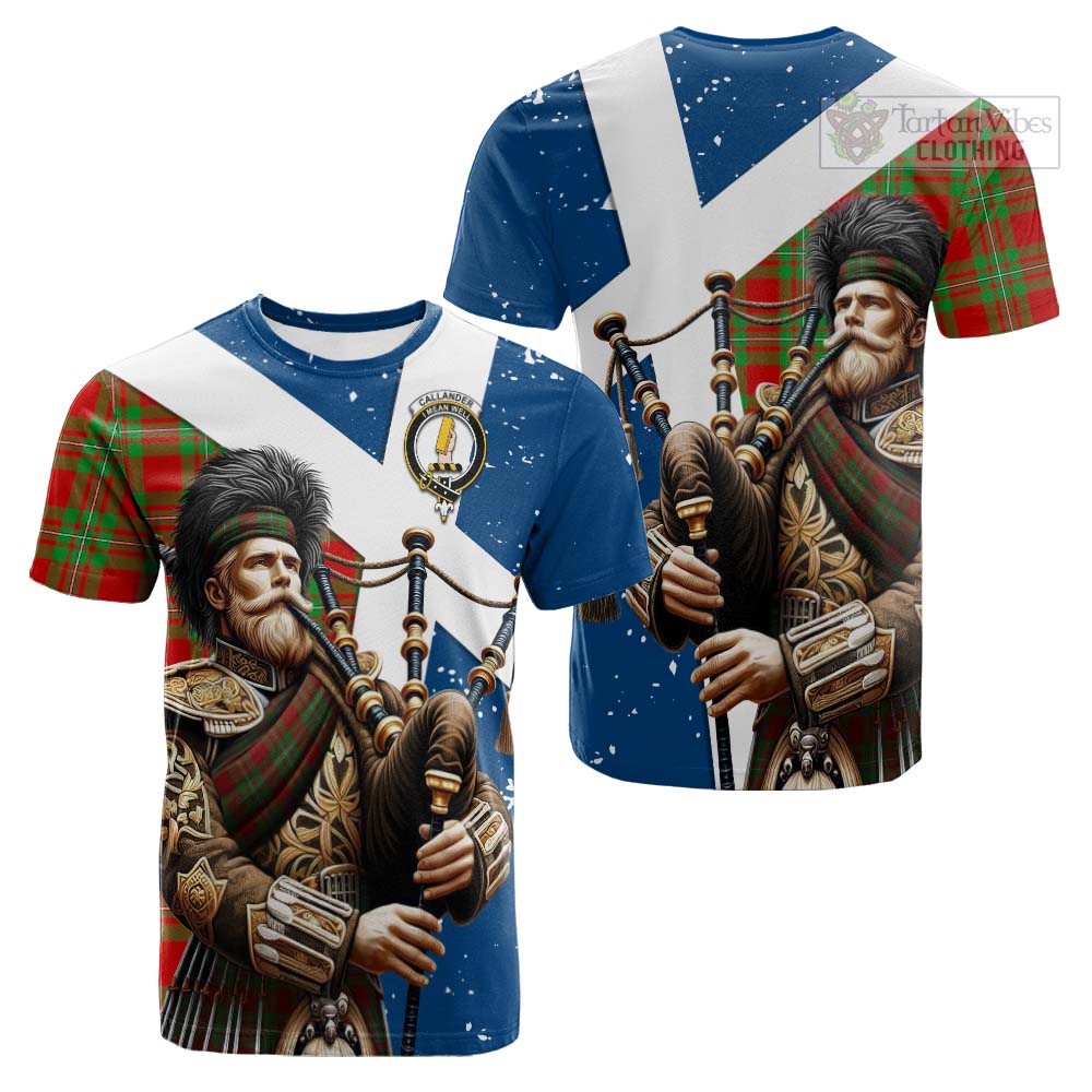 Tartan Vibes Clothing Callander Tartan Cotton T-shirt with Family Crest Scottish Bagpiper Vibes