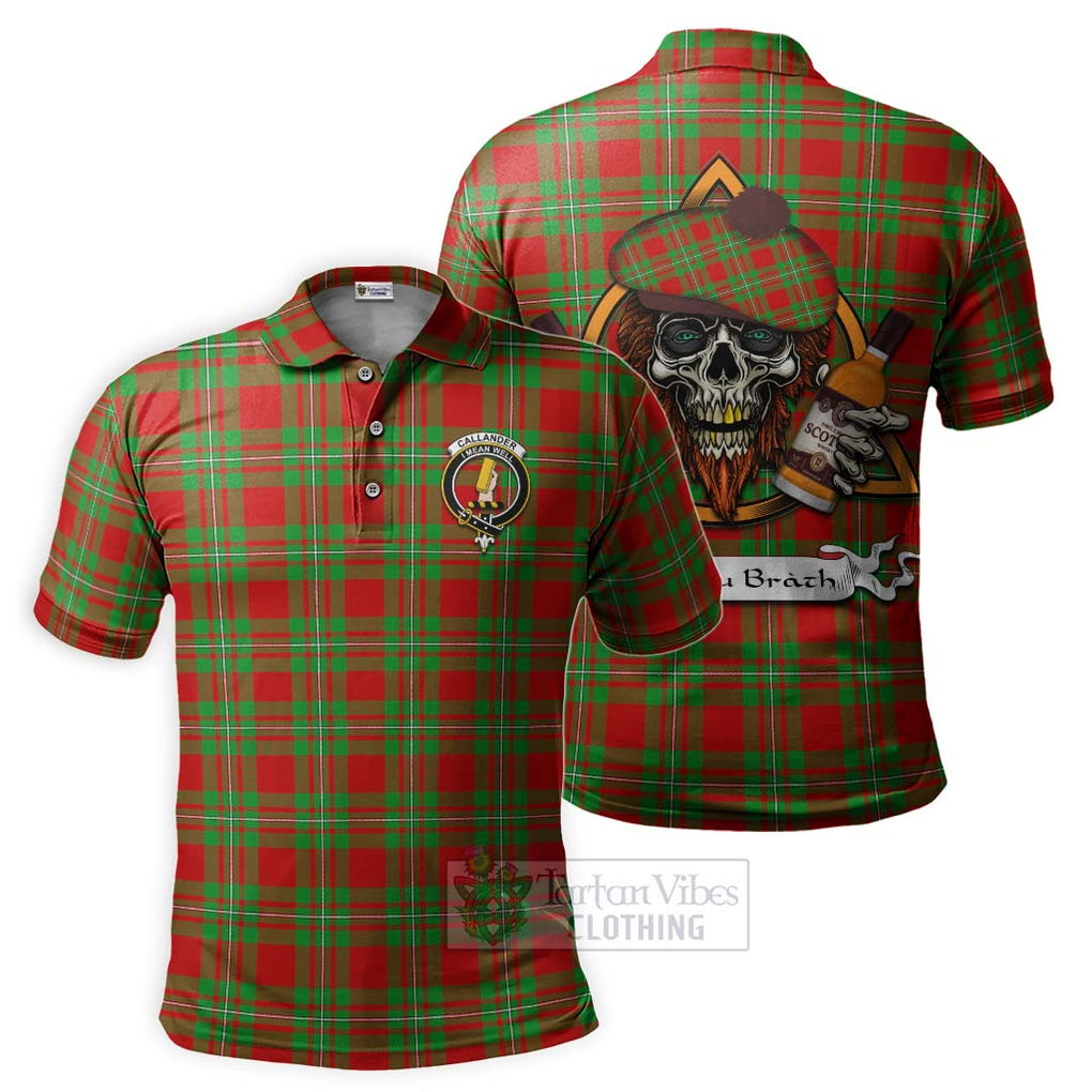 Tartan Vibes Clothing Callander Tartan Polo Shirt with Family Crest and Bearded Skull Holding Bottles of Whiskey