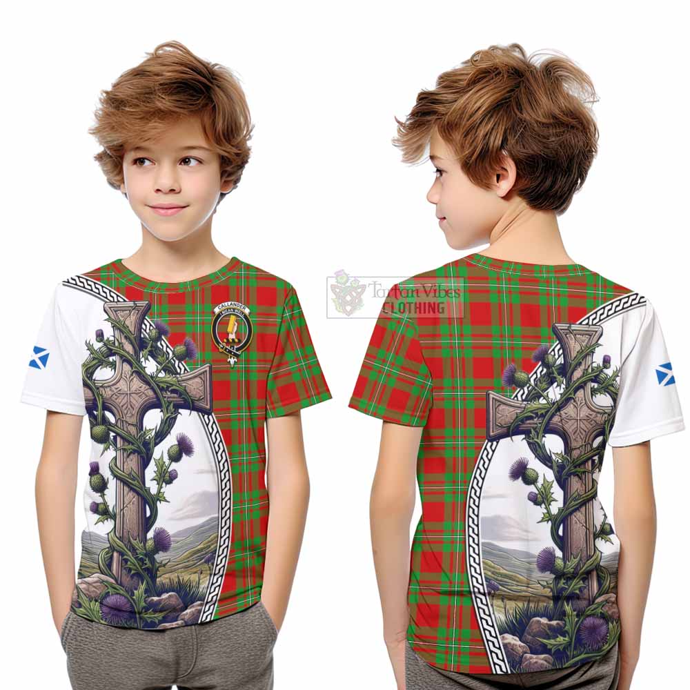 Tartan Vibes Clothing Callander Tartan Kid T-Shirt with Family Crest and St. Andrew's Cross Accented by Thistle Vines