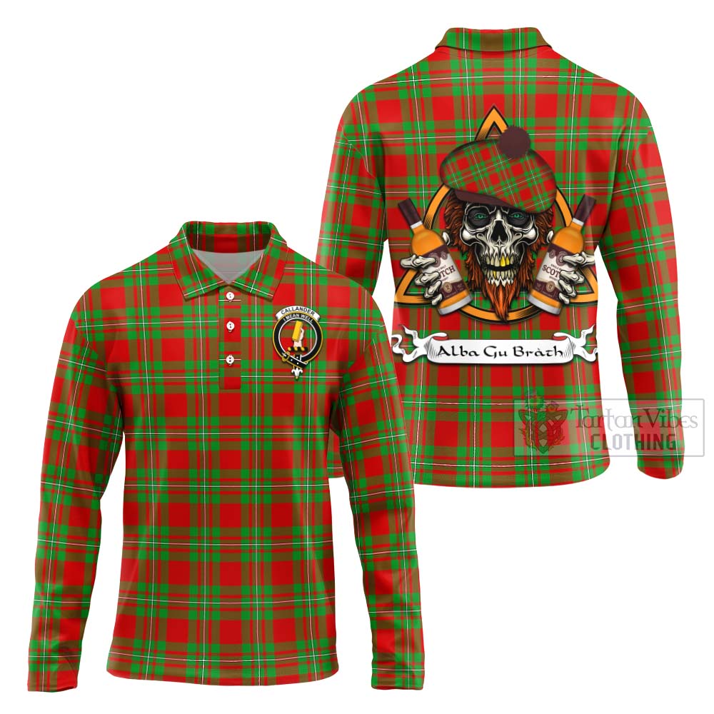 Tartan Vibes Clothing Callander Tartan Long Sleeve Polo Shirt with Family Crest and Bearded Skull Holding Bottles of Whiskey