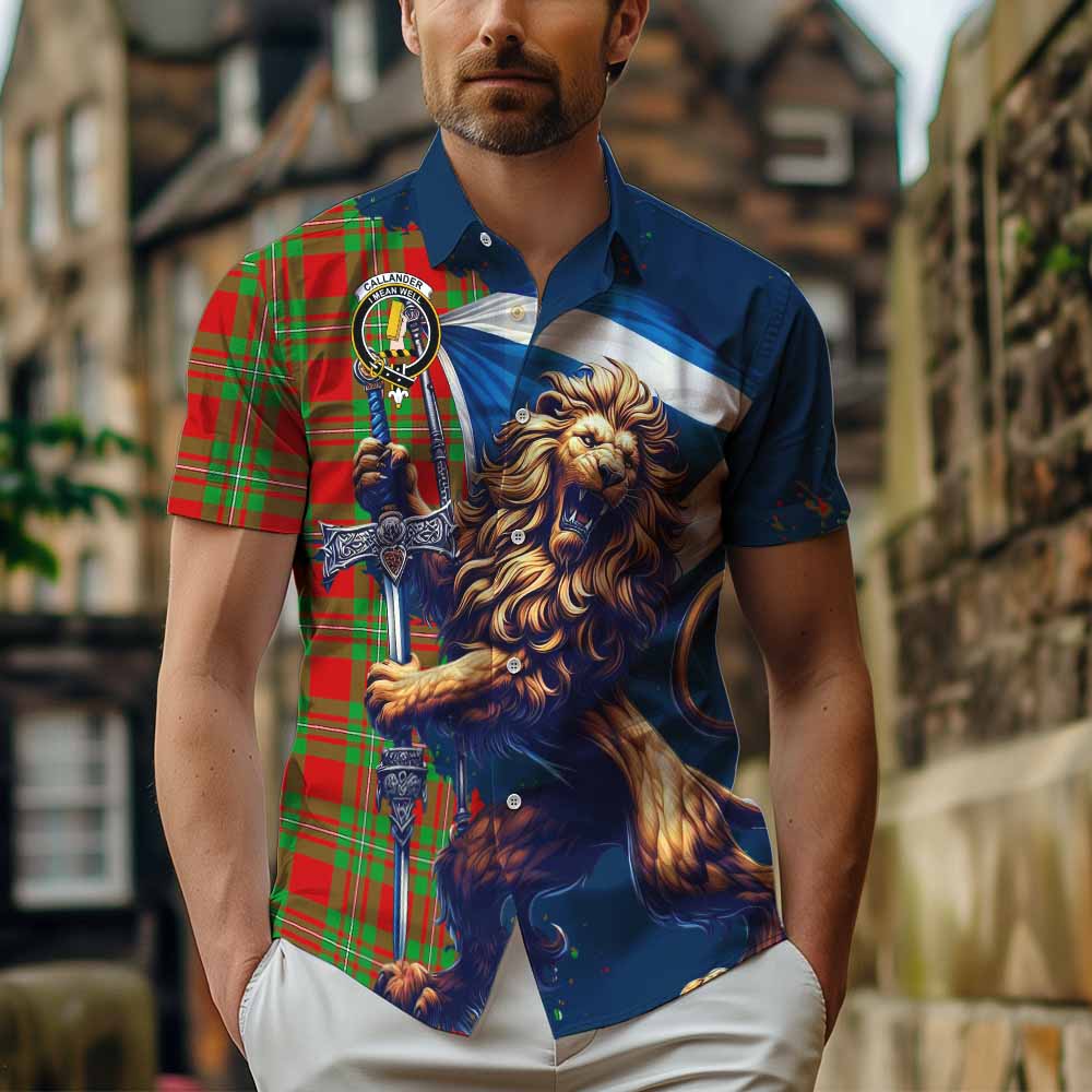 Tartan Vibes Clothing Callander Tartan Family Crest Short Sleeve Button Shirt with Scottish Majestic Lion