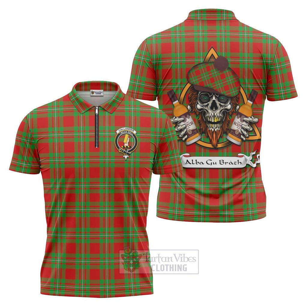 Tartan Vibes Clothing Callander Tartan Zipper Polo Shirt with Family Crest and Bearded Skull Holding Bottles of Whiskey