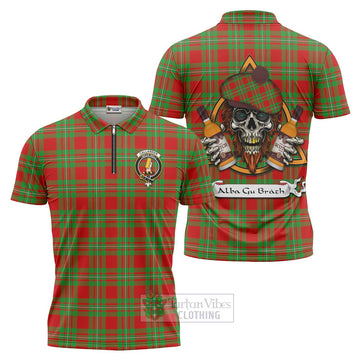 Callander Tartan Zipper Polo Shirt with Family Crest and Bearded Skull Holding Bottles of Whiskey