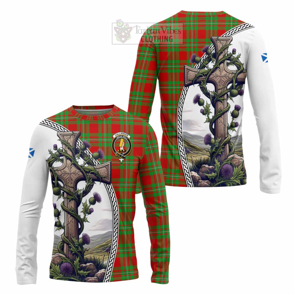 Tartan Vibes Clothing Callander Tartan Long Sleeve T-Shirt with Family Crest and St. Andrew's Cross Accented by Thistle Vines