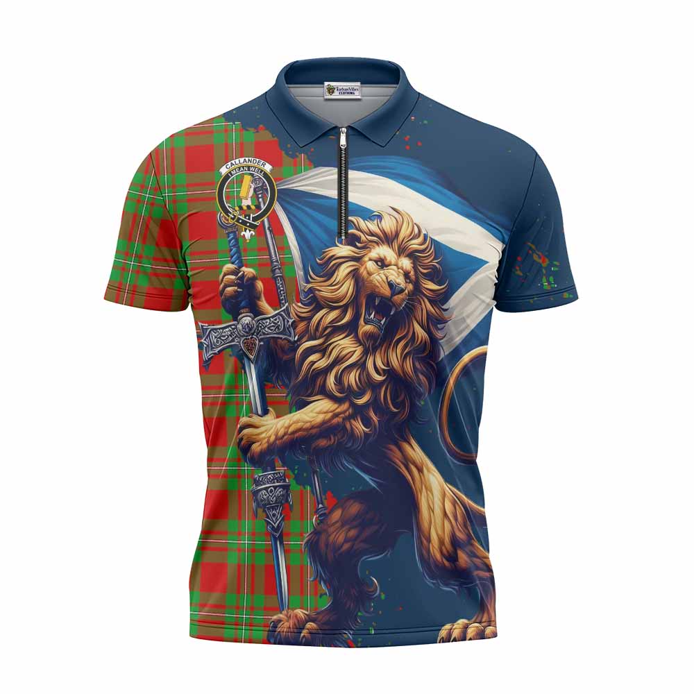 Tartan Vibes Clothing Callander Tartan Family Crest Zipper Polo Shirt with Scottish Majestic Lion