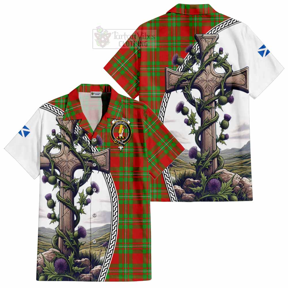 Tartan Vibes Clothing Callander Tartan Short Sleeve Button Shirt with Family Crest and St. Andrew's Cross Accented by Thistle Vines