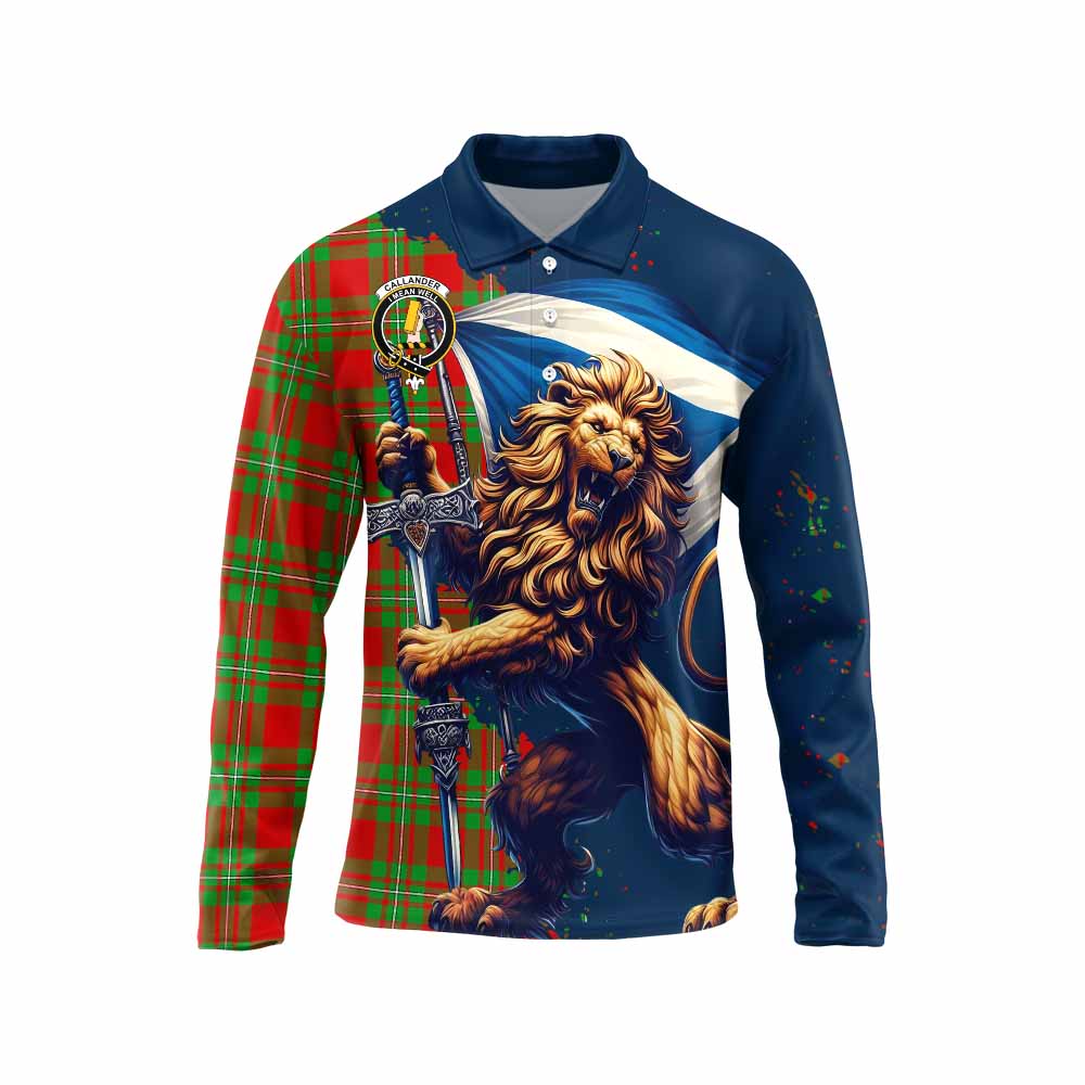 Tartan Vibes Clothing Callander Tartan Family Crest Long Sleeve Polo Shirt with Scottish Majestic Lion