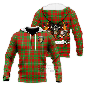 Callander Tartan Knitted Hoodie with Family Crest and Bearded Skull Holding Bottles of Whiskey