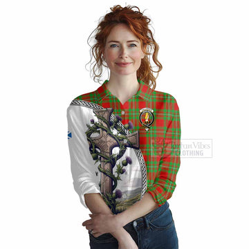 Callander Tartan Women's Casual Shirt with Family Crest and St. Andrew's Cross Accented by Thistle Vines