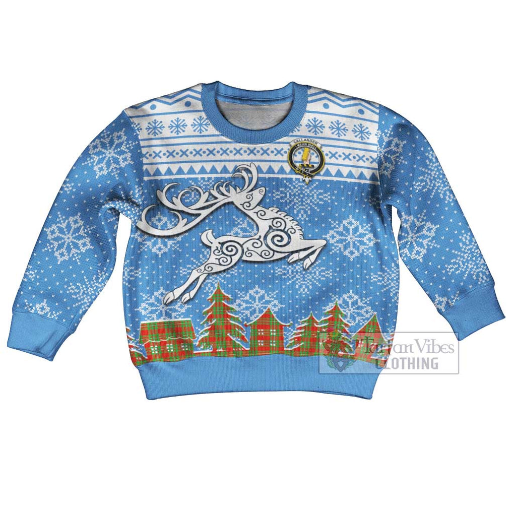 Tartan Vibes Clothing Callander Clan Christmas Kid Ugly Sweater with Tartan and Celtic Raindeer Style