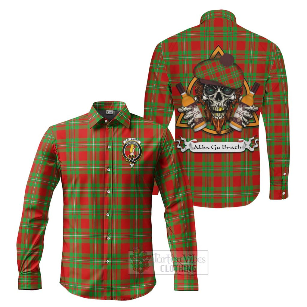 Tartan Vibes Clothing Callander Tartan Long Sleeve Button Shirt with Family Crest and Bearded Skull Holding Bottles of Whiskey