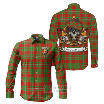 Callander Tartan Long Sleeve Button Shirt with Family Crest and Bearded Skull Holding Bottles of Whiskey