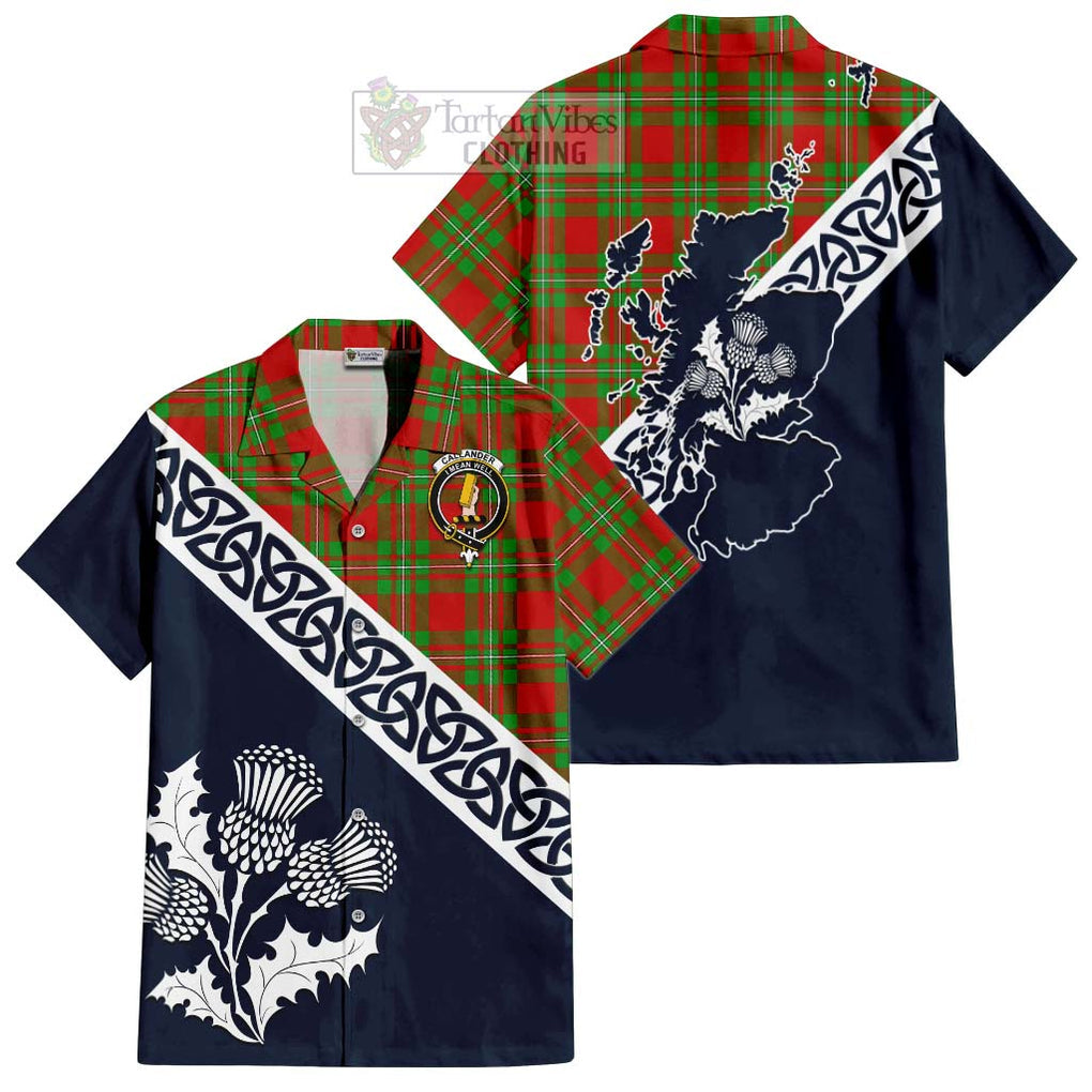 Tartan Vibes Clothing Callander Tartan Short Sleeve Button Shirt Featuring Thistle and Scotland Map