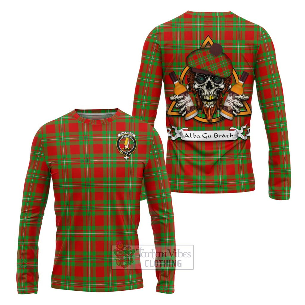 Tartan Vibes Clothing Callander Tartan Long Sleeve T-Shirt with Family Crest and Bearded Skull Holding Bottles of Whiskey