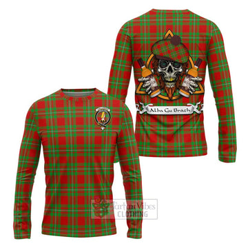 Callander Tartan Long Sleeve T-Shirt with Family Crest and Bearded Skull Holding Bottles of Whiskey