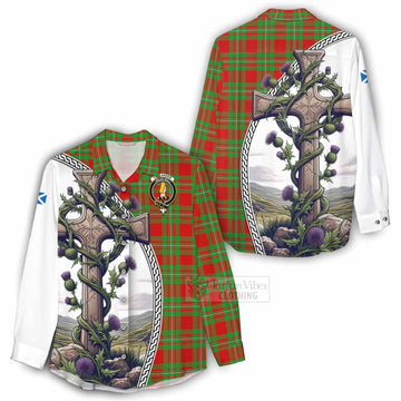 Callander Tartan Women's Casual Shirt with Family Crest and St. Andrew's Cross Accented by Thistle Vines