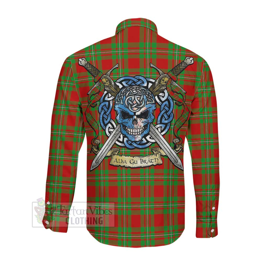 Tartan Vibes Clothing Callander Tartan Long Sleeve Button Shirt with Family Crest Celtic Skull Style