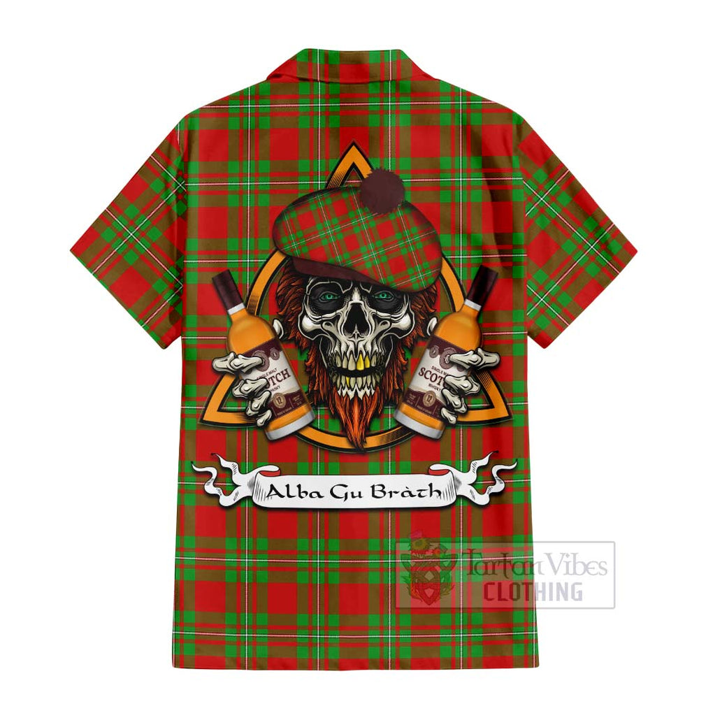 Tartan Vibes Clothing Callander Tartan Short Sleeve Button Shirt with Family Crest and Bearded Skull Holding Bottles of Whiskey