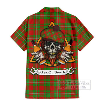 Callander Tartan Short Sleeve Button Shirt with Family Crest and Bearded Skull Holding Bottles of Whiskey