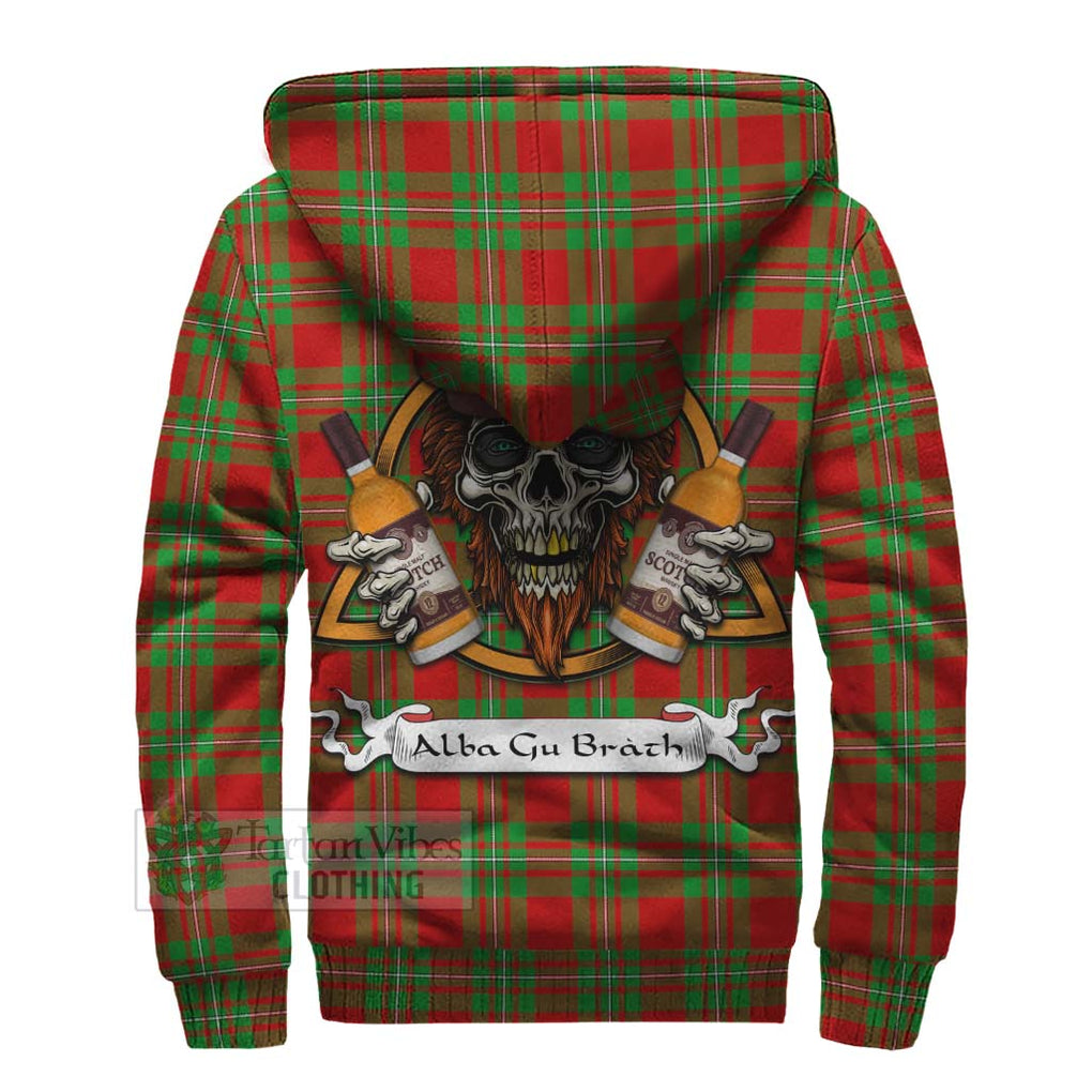 Tartan Vibes Clothing Callander Tartan Sherpa Hoodie with Family Crest and Bearded Skull Holding Bottles of Whiskey