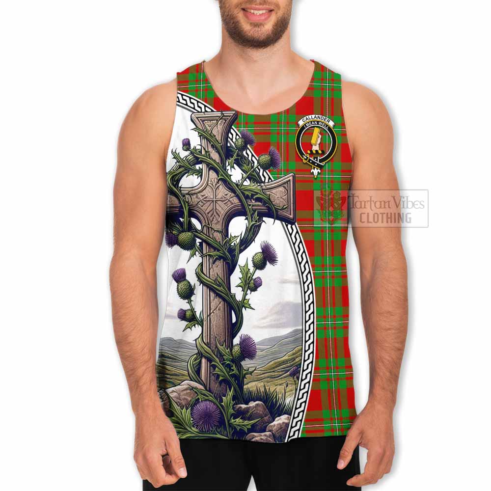 Tartan Vibes Clothing Callander Tartan Men's Tank Top with Family Crest and St. Andrew's Cross Accented by Thistle Vines