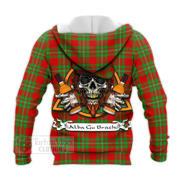 Callander Tartan Knitted Hoodie with Family Crest and Bearded Skull Holding Bottles of Whiskey