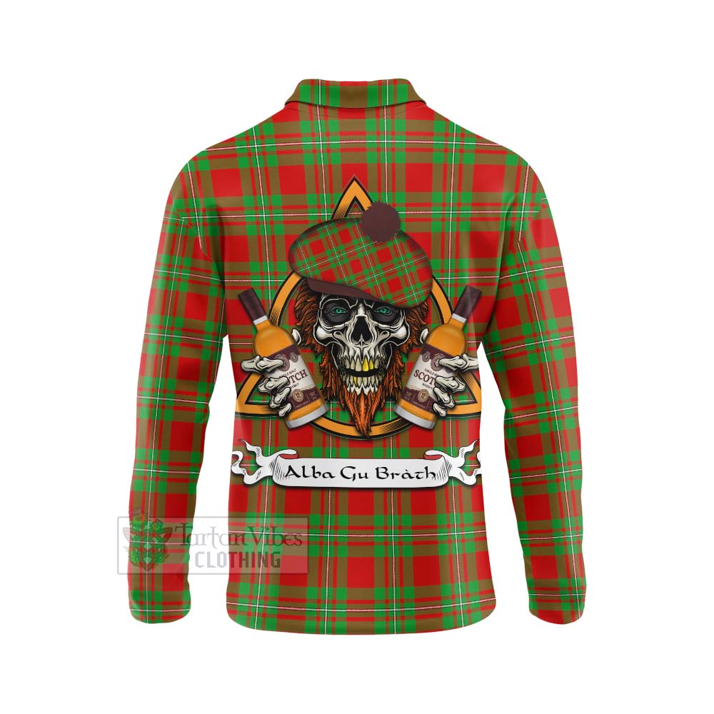 Tartan Vibes Clothing Callander Tartan Long Sleeve Polo Shirt with Family Crest and Bearded Skull Holding Bottles of Whiskey