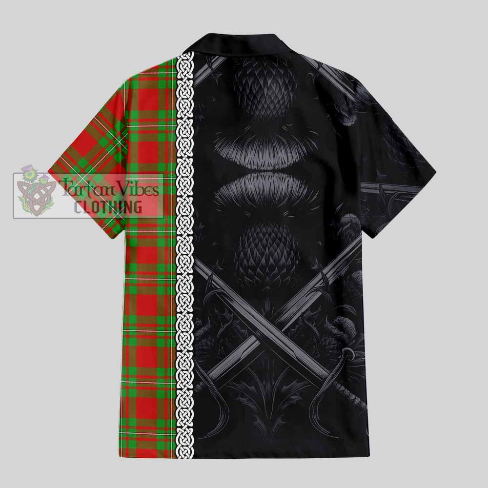 Tartan Vibes Clothing Callander Tartan Short Sleeve Button Shirt with Family Crest Cross Sword Thistle Celtic Vibes