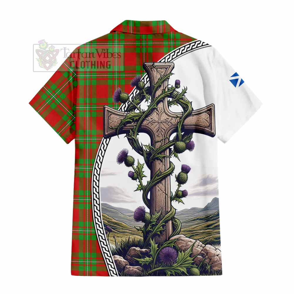 Tartan Vibes Clothing Callander Tartan Short Sleeve Button Shirt with Family Crest and St. Andrew's Cross Accented by Thistle Vines