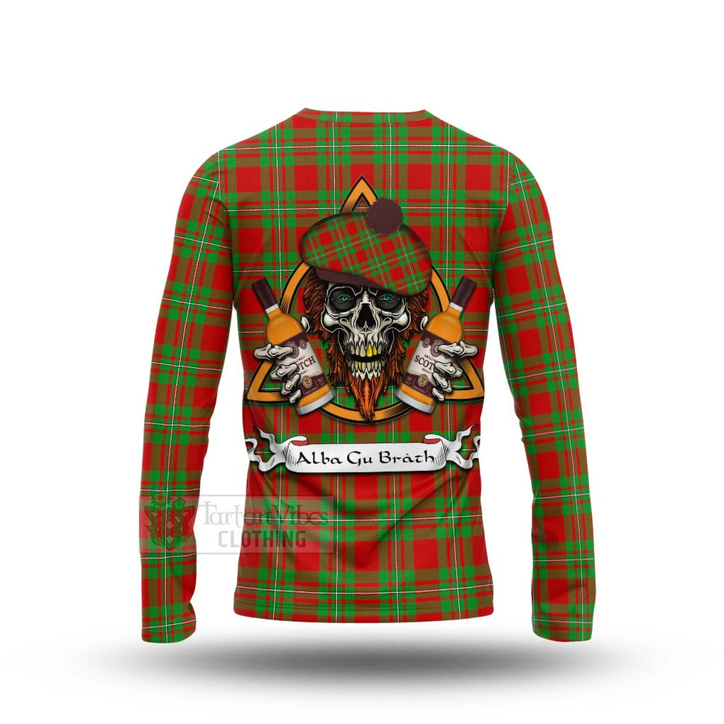 Tartan Vibes Clothing Callander Tartan Long Sleeve T-Shirt with Family Crest and Bearded Skull Holding Bottles of Whiskey