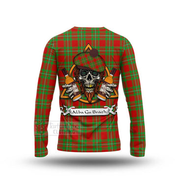 Callander Tartan Long Sleeve T-Shirt with Family Crest and Bearded Skull Holding Bottles of Whiskey