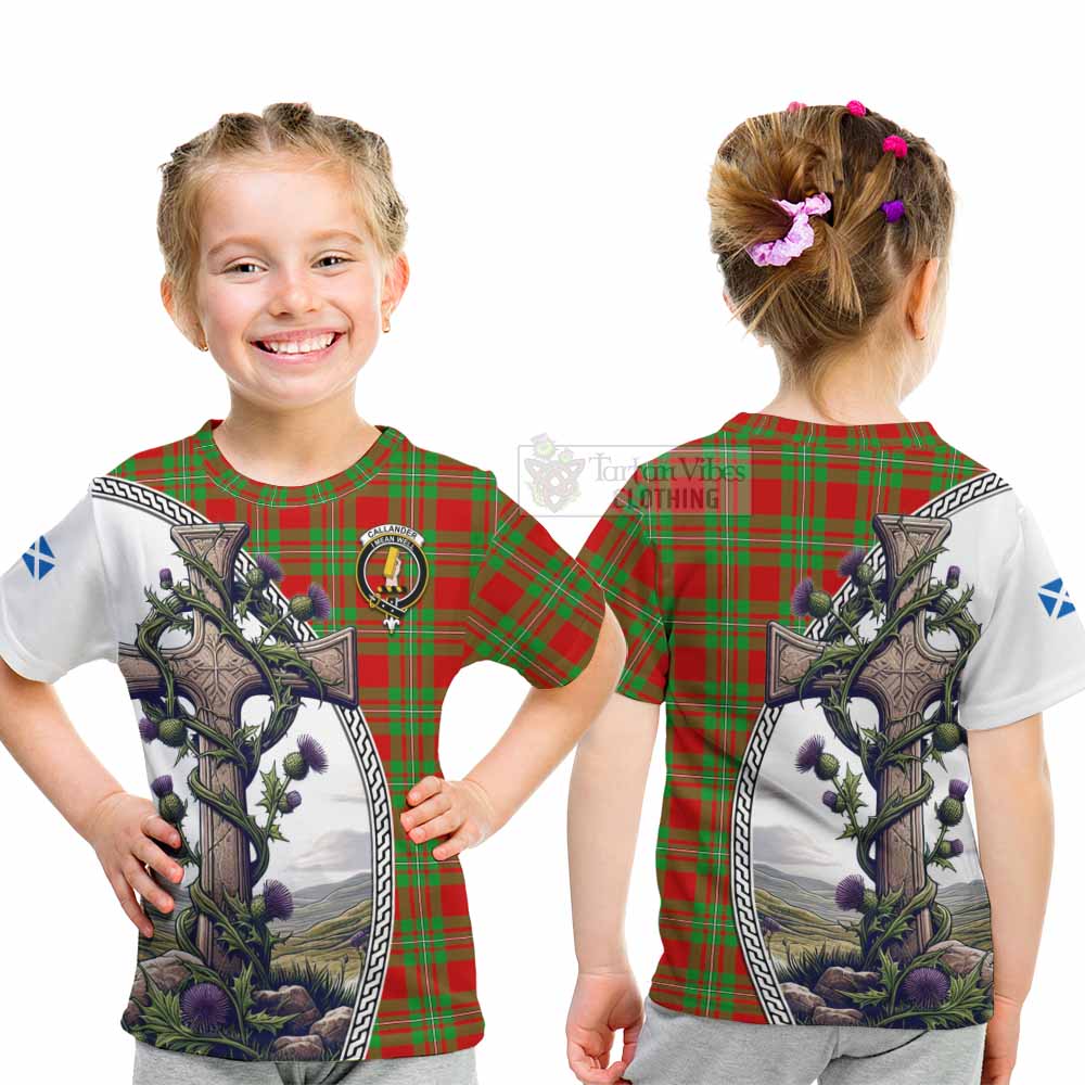 Tartan Vibes Clothing Callander Tartan Kid T-Shirt with Family Crest and St. Andrew's Cross Accented by Thistle Vines