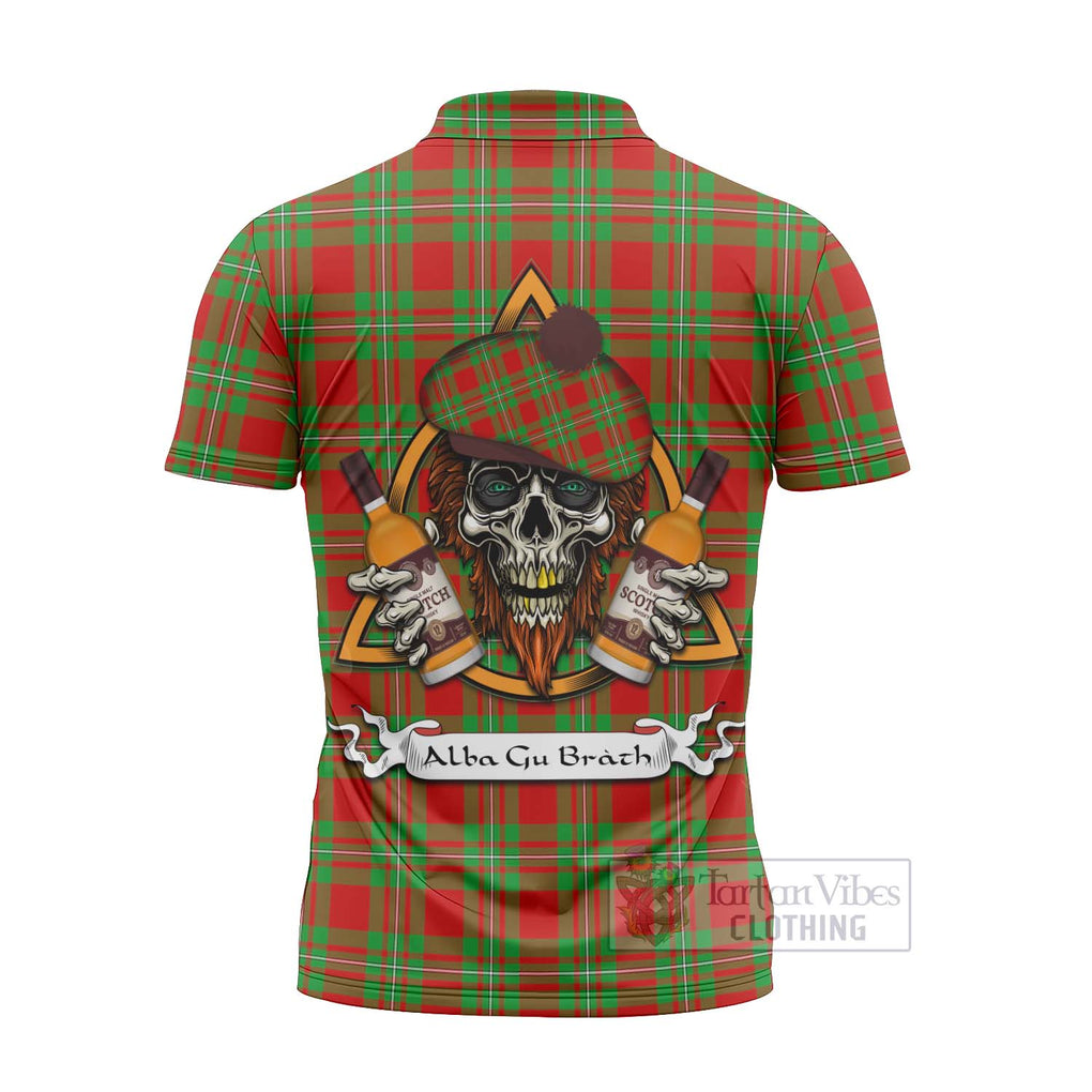 Tartan Vibes Clothing Callander Tartan Zipper Polo Shirt with Family Crest and Bearded Skull Holding Bottles of Whiskey