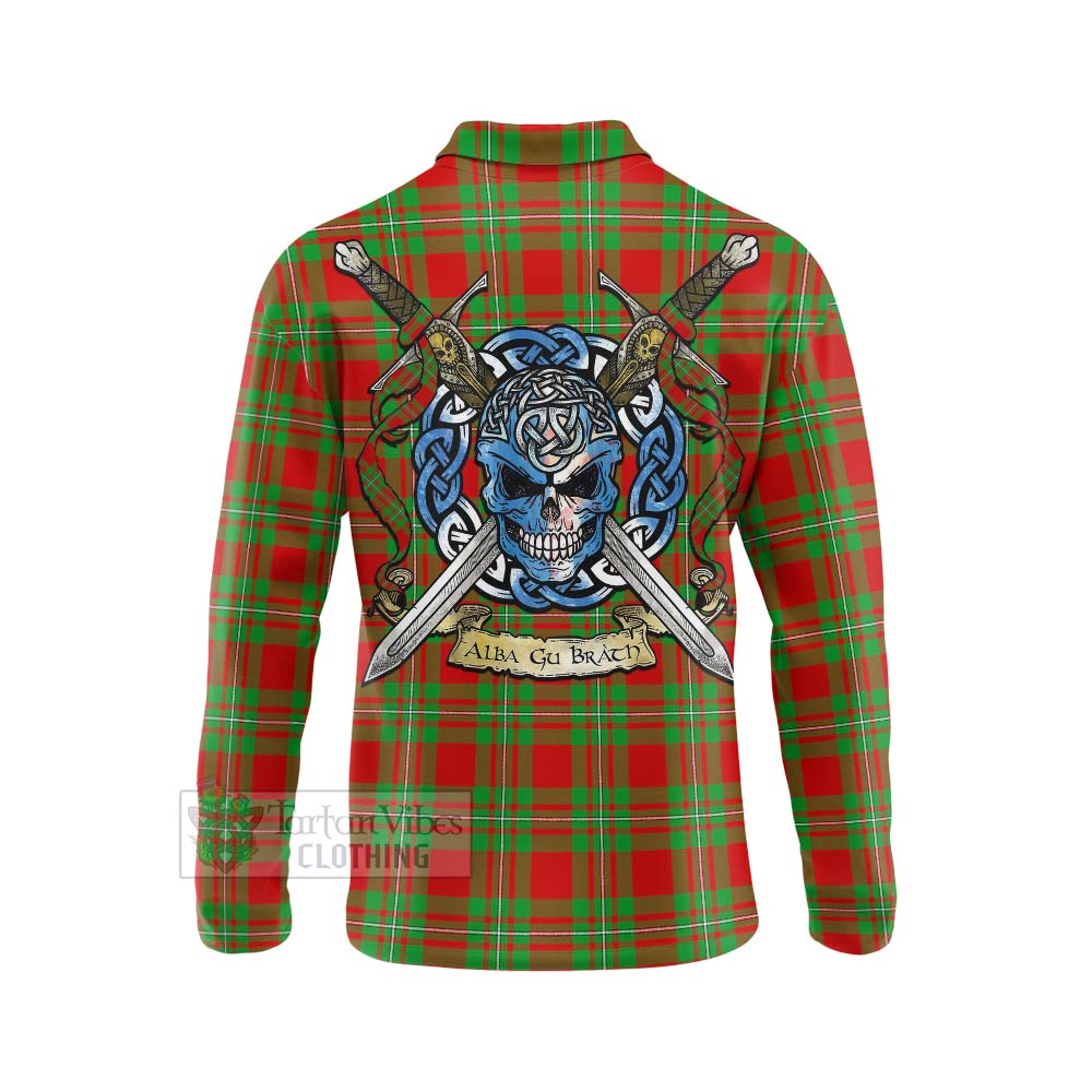 Tartan Vibes Clothing Callander Tartan Long Sleeve Polo Shirt with Family Crest Celtic Skull Style