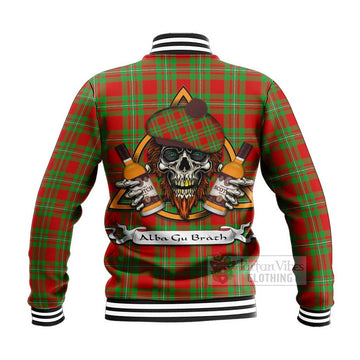 Callander Tartan Baseball Jacket with Family Crest and Bearded Skull Holding Bottles of Whiskey