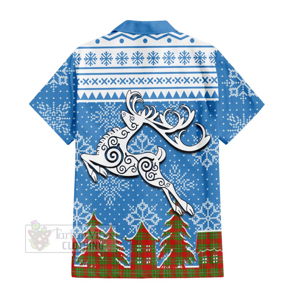 Tartan Vibes Clothing Callander Clan Christmas Short Sleeve Button Shirt Celtic Reindeer Style