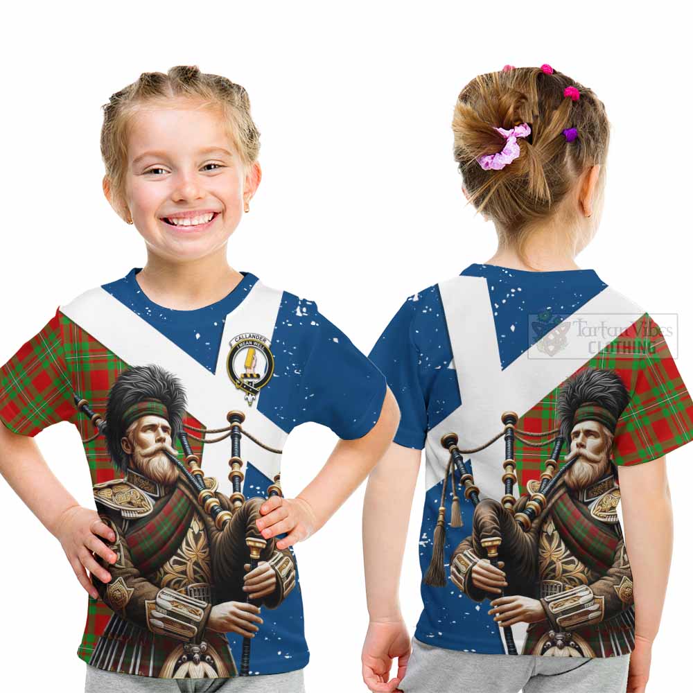 Tartan Vibes Clothing Callander Tartan Kid T-Shirt with Family Crest Scottish Bagpiper Vibes