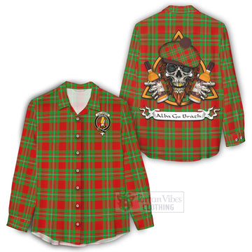 Callander Tartan Women's Casual Shirt with Family Crest and Bearded Skull Holding Bottles of Whiskey