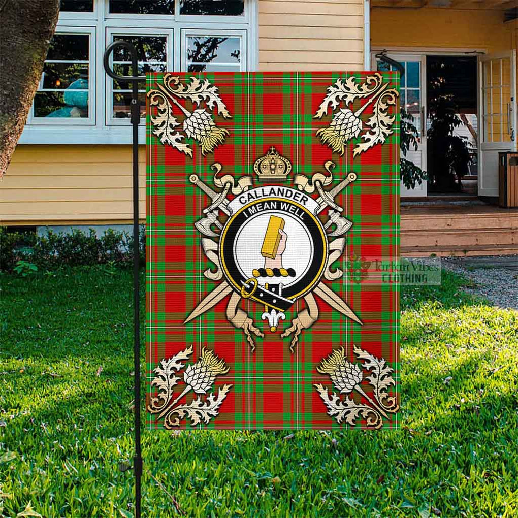 Tartan Vibes Clothing Callander Tartan Flag with Family Crest and Golden Thistle Crossed Sword Design