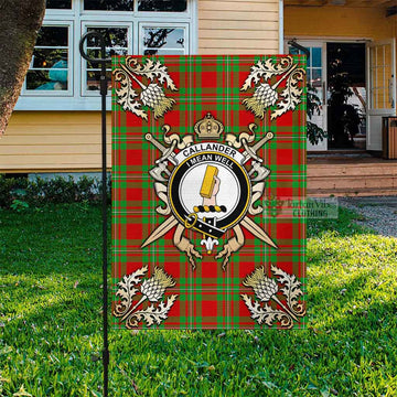 Callander Tartan Flag with Family Crest and Golden Thistle Crossed Sword Design