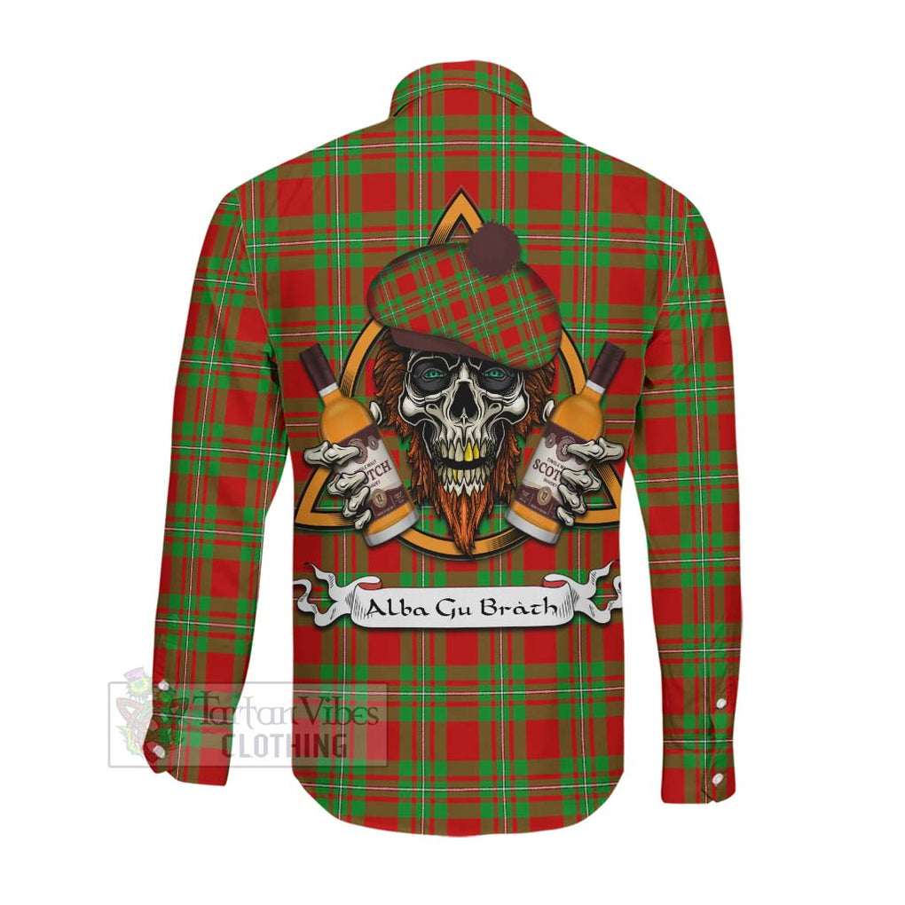 Tartan Vibes Clothing Callander Tartan Long Sleeve Button Shirt with Family Crest and Bearded Skull Holding Bottles of Whiskey